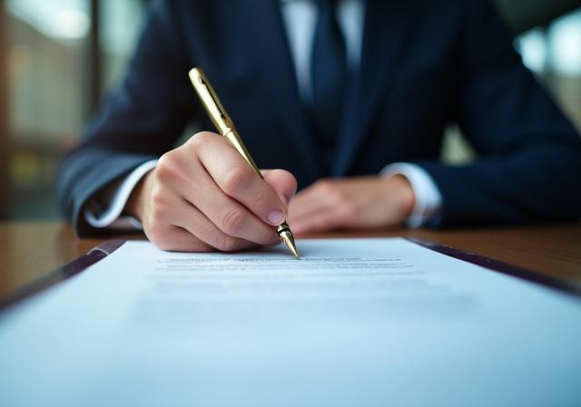 Close up of a professional signing a customized legal document with a luxury pen