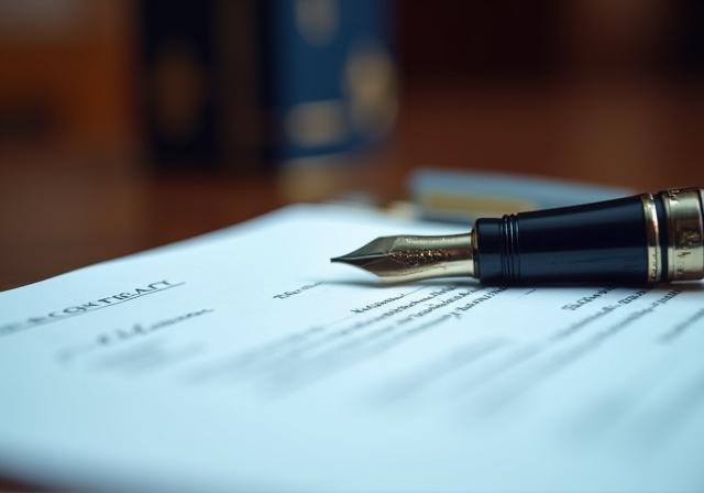 Close up of a professional fountain pen and legal document on a dark wood desk