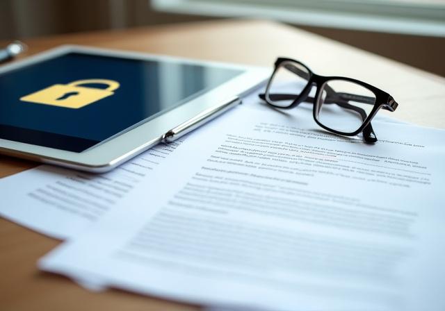 Close-up of legal documents and digital data symbols